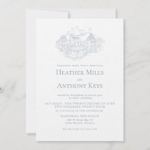 Dusty Blue Invitation with Sketch of the Venue