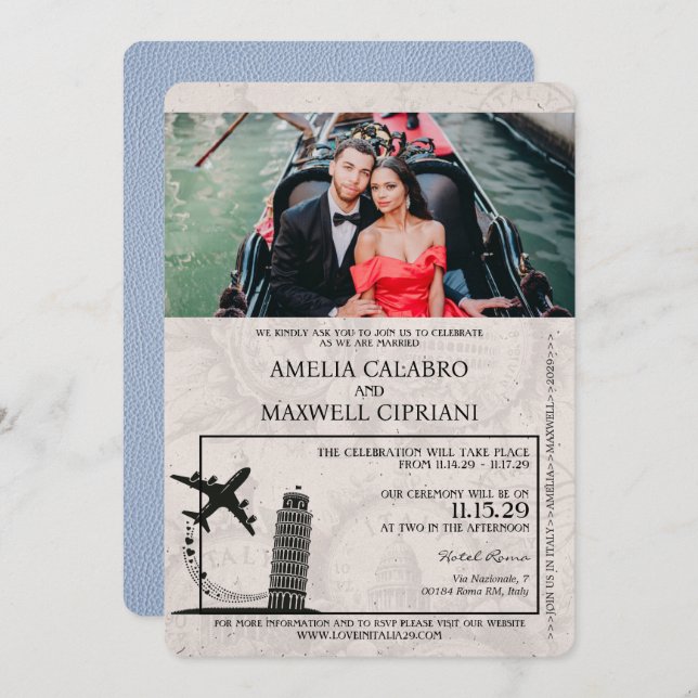Dusty Blue Italy Passport Wedding Invitation (Front/Back)