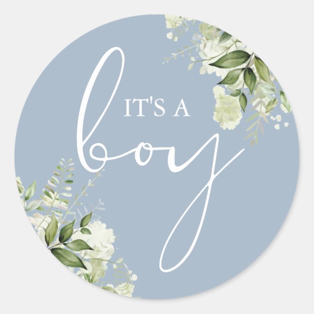 Dusty Blue Its A Boy Greenery Baby Shower Favour Classic Round Sticker (Front)
