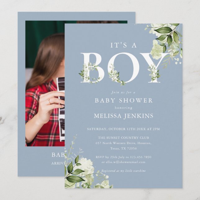 Dusty Blue Its A Boy Greenery Photo Baby Shower Invitation (Front/Back)