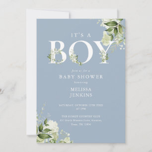 Dusty Blue Its A Boy Greenery QR Code Baby Shower Invitation