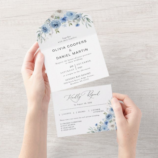 Dusty Blue Ivory All in One Wedding Invitation (Tearaway)