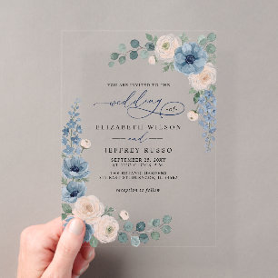Dusty Blue Ivory Blush Floral Modern Wedding Acrylic Invitations