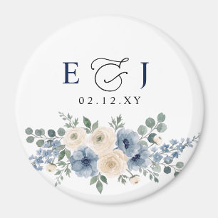 Dusty Blue Ivory Blush Floral Modern Wedding Magnet