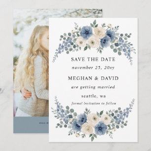 Dusty Blue Ivory Blush Floral Modern Wedding Photo Save The Date