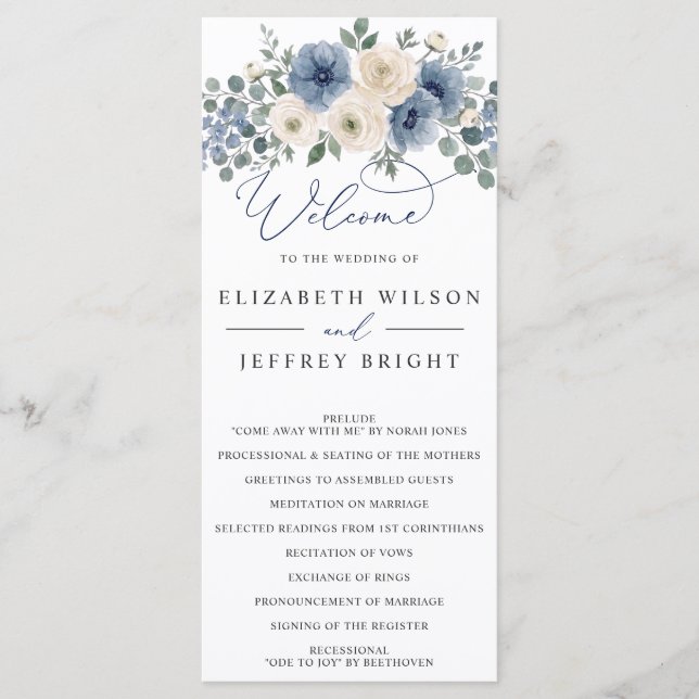 Dusty Blue Ivory Blush Floral Modern Wedding Programme (Front)