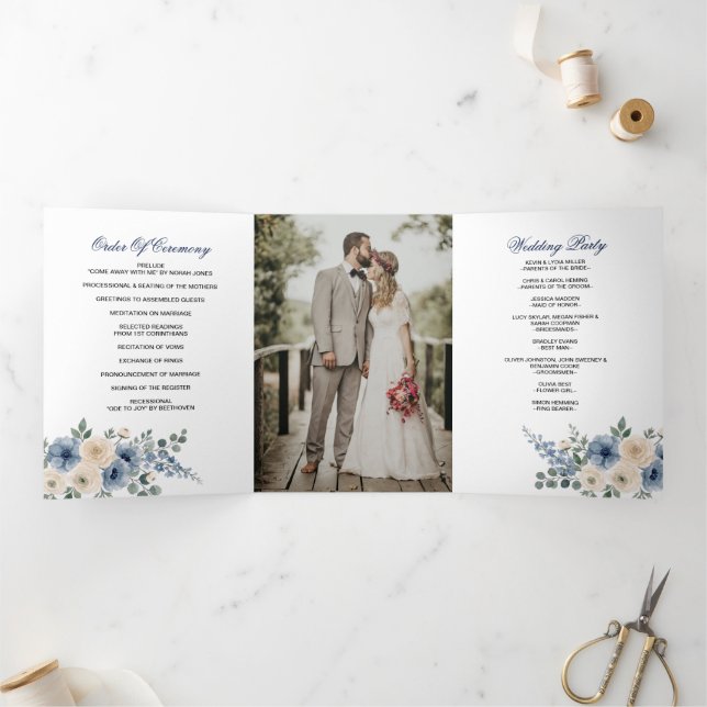 Dusty Blue Ivory Blush Floral Modern Wedding Tri-Fold Programme (Inside)