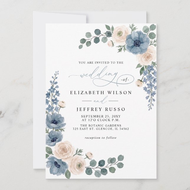 Dusty Blue Ivory Blush Floral QR Code Wedding Invitation (Front)