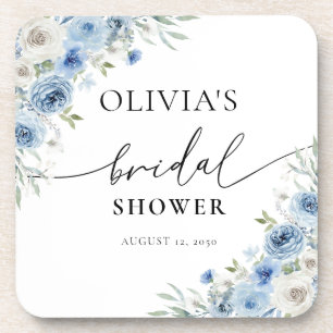 Dusty Blue Ivory Bridal Shower beverage coaster