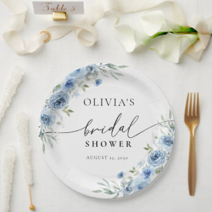 Dusty Blue Ivory Bridal Shower  Paper Plate