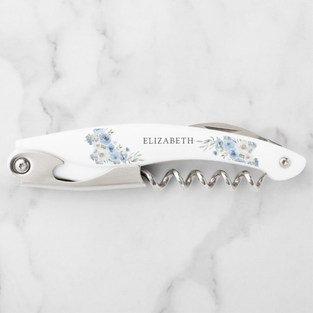 Dusty Blue Ivory Bridal Shower Waiter's Corkscrew (Front)