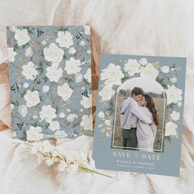 Dusty Blue Ivory Chinoiserie Floral Save the Date Invitation (Creator Uploaded)