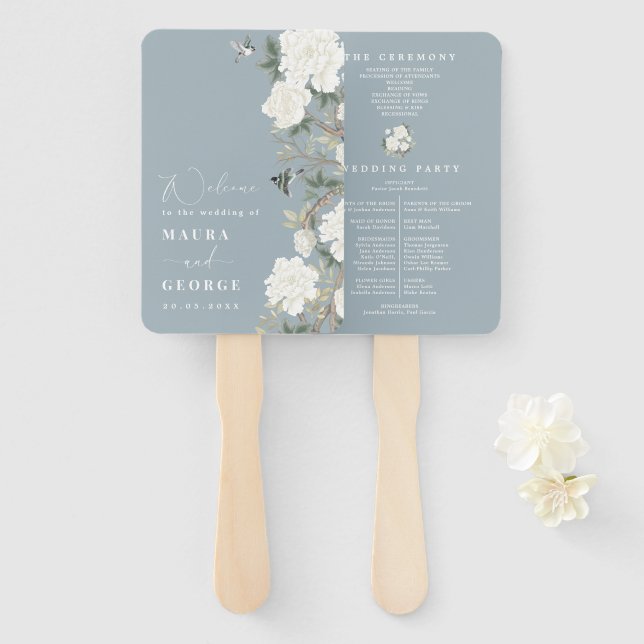 Dusty Blue Ivory Chinoiserie Wedding Program Hand Fan (Front and Back)