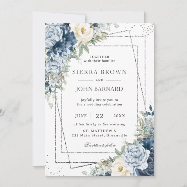 Dusty Blue Ivory Cream Floral Silver Geometric Invitation (Front)