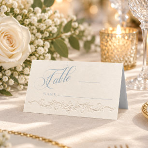 Dusty Blue Ivory Embossed Wedding Table Number Place Card