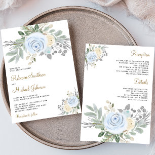 Dusty Blue Ivory Floral All in One Wedding Invitation