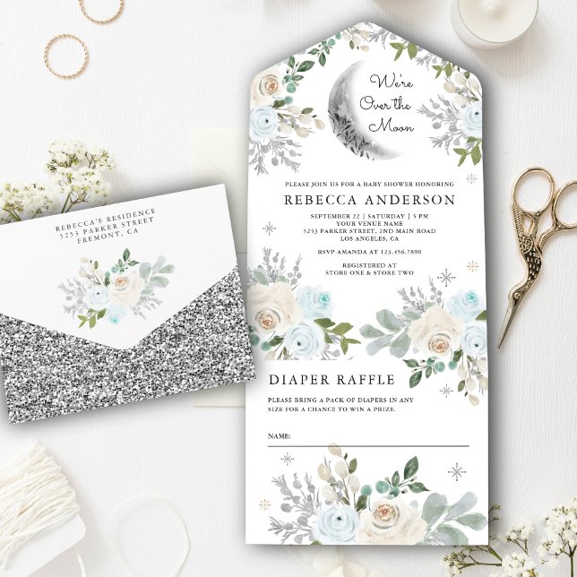 Dusty Blue Ivory Floral Boho Moon Baby Shower All In One Invitation (Creator Uploaded)