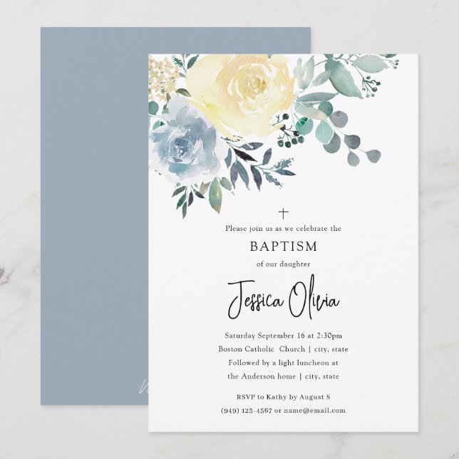 Dusty Blue Ivory Floral Greenery Baptism Invitation (Front/Back)