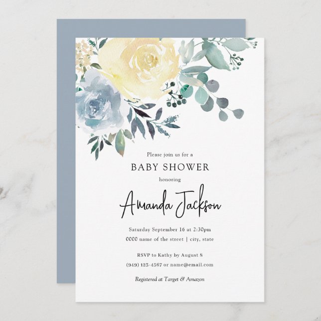 Dusty Blue Ivory Floral Greenery Boy Baby Shower Invitation (Front/Back)