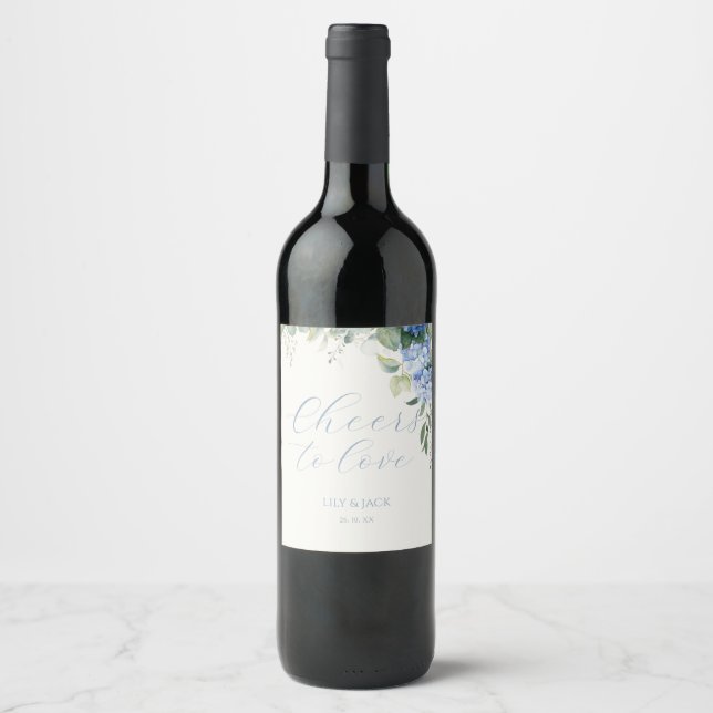 Dusty Blue & Ivory Floral Hydrangea Event Wedding  Wine Label (Front)