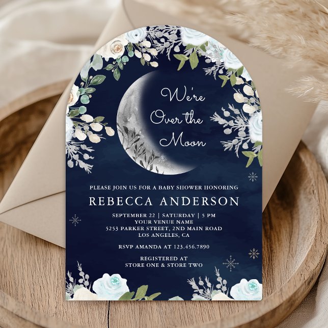 Dusty Blue Ivory Floral Moon Navy Arch Baby Shower Invitation (Creator Uploaded)