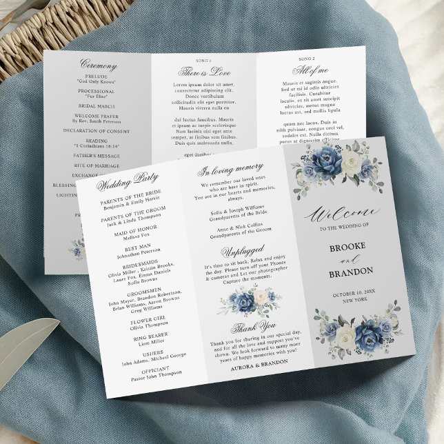 Dusty Blue Ivory Floral Tri-fold Wedding Program (Dusty Blue Ivory Floral Tri-fold Wedding Program card)