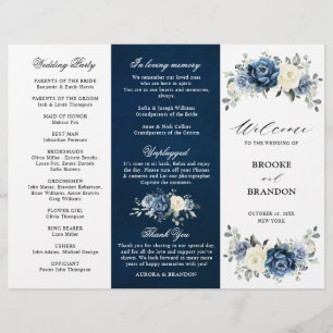 Dusty Blue Ivory Floral Tri-fold Wedding Program