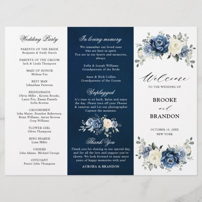 Dusty Blue Ivory Floral Tri-fold Wedding Program (Front)