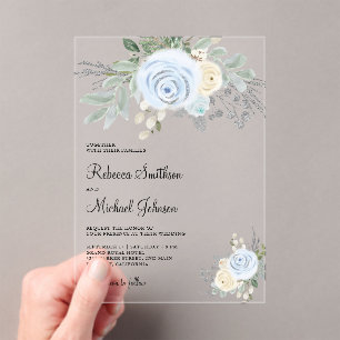 Dusty Blue Ivory Floral Wedding Acrylic Invitations