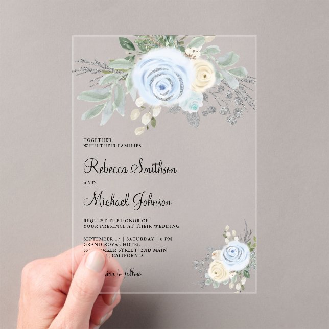 Dusty Blue Ivory Floral Wedding Acrylic Invitations (Insitu (Handheld))
