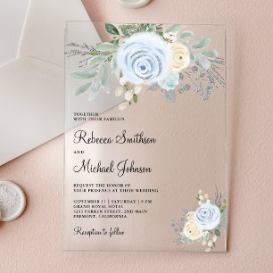 Dusty Blue Ivory Floral Wedding Acrylic Invitations