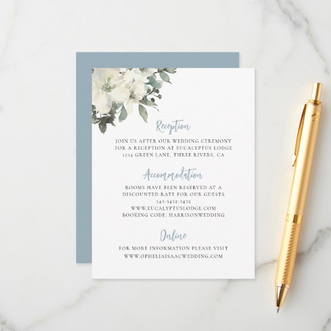 Dusty Blue Ivory Floral Wedding Enclosure Card (Front/Back In Situ)