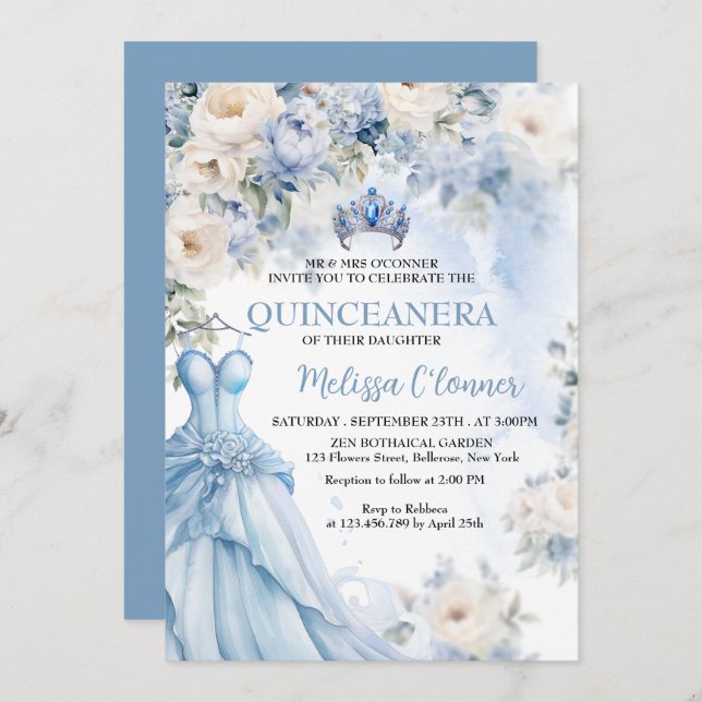 Dusty Blue Ivory Floral Wedding Invitation (Front/Back)