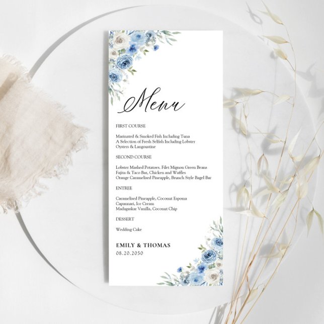 Dusty Blue Ivory Floral Wedding Menu (Creator Uploaded)
