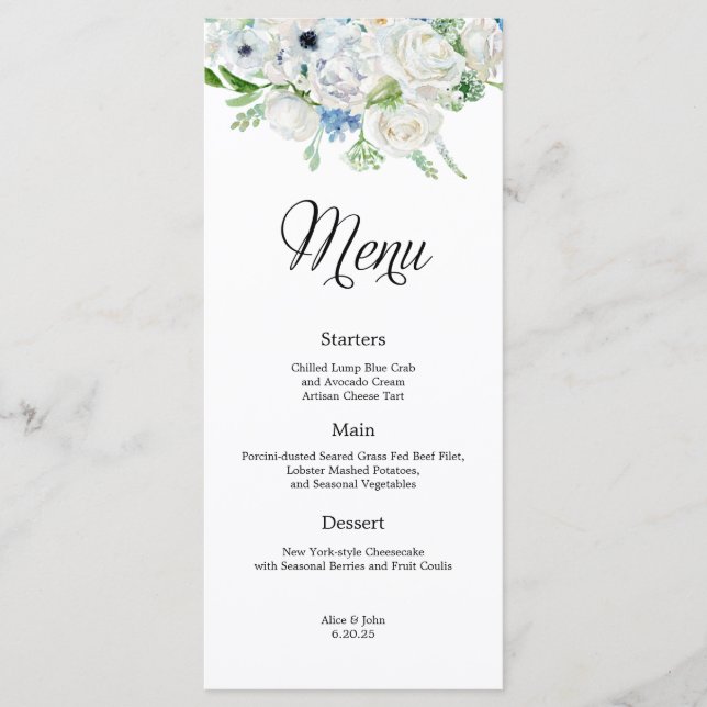 Dusty Blue Ivory Floral Wedding Menu (Front)