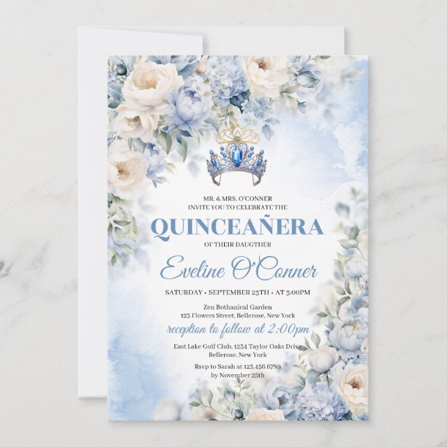 Dusty Blue & Ivory Flowers blue crown Quinceañera Invitation (Front)