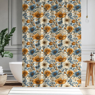 Dusty Blue Ivory Flowers Boho Wedding Gift Curtain