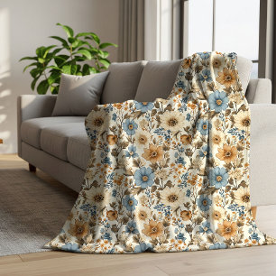 Dusty Blue Ivory Flowers Elegant Bohemian Soft Sherpa Blanket
