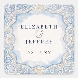 Dusty Blue Ivory Lace Old Money Wedding Square Sticker