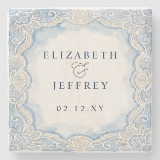 Dusty Blue Ivory Lace Old Money Wedding Stone Coaster