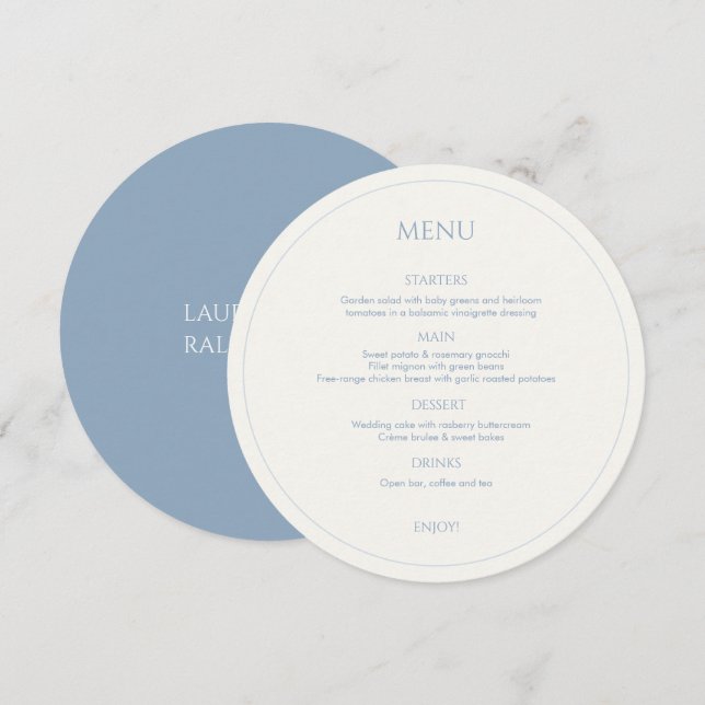 Dusty Blue & Ivory Monogrammed Round Wedding Menu (Front/Back)