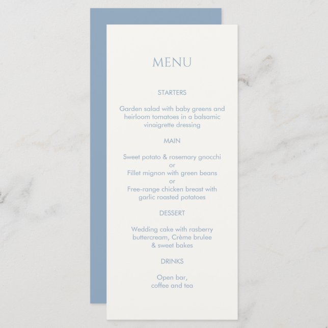Dusty Blue & Ivory Monogrammed Wedding Menu (Front/Back)