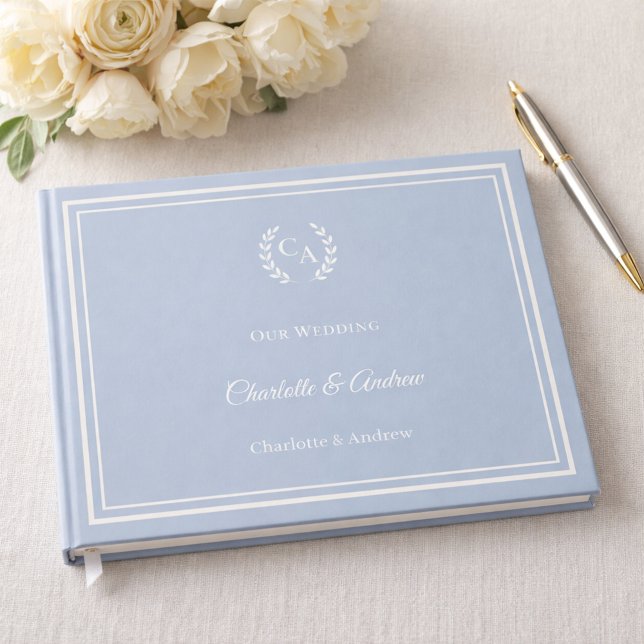Dusty blue ivory monogrammed wreath wedding guest book (Creator Uploaded)