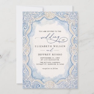 Dusty Blue Ivory Old Money Lace QR Code Wedding Invitation