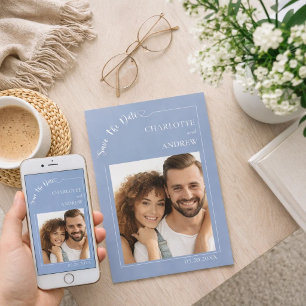 Dusty blue ivory photo wedding Save the Date