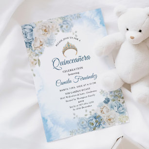 Dusty Blue Ivory Rose Flowers Quinceanera Birthday Invitation