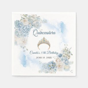 Dusty Blue Ivory Rose Flowers Quinceanera Birthday Napkin