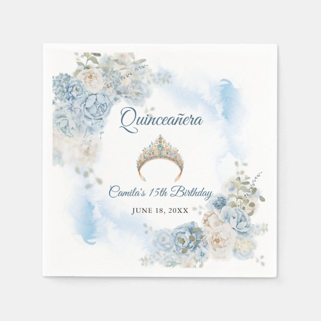 Dusty Blue Ivory Rose Flowers Quinceanera Birthday Napkin (Front)