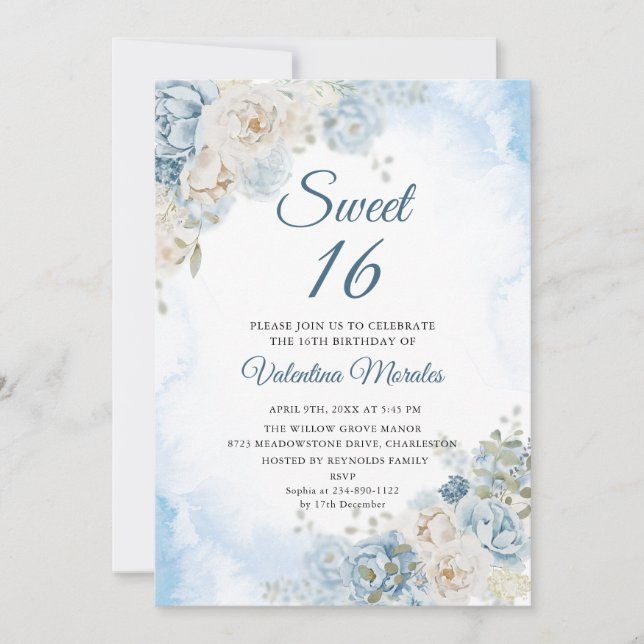 Dusty Blue Ivory Rose Flowers Sweet Sixteen 16 Invitation (Front)