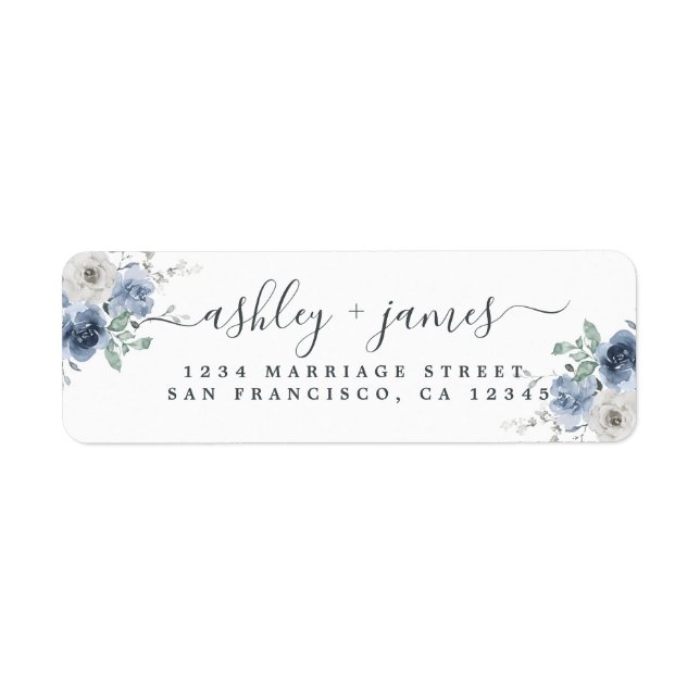 Dusty Blue Ivory Rose Script Return Address (Front)